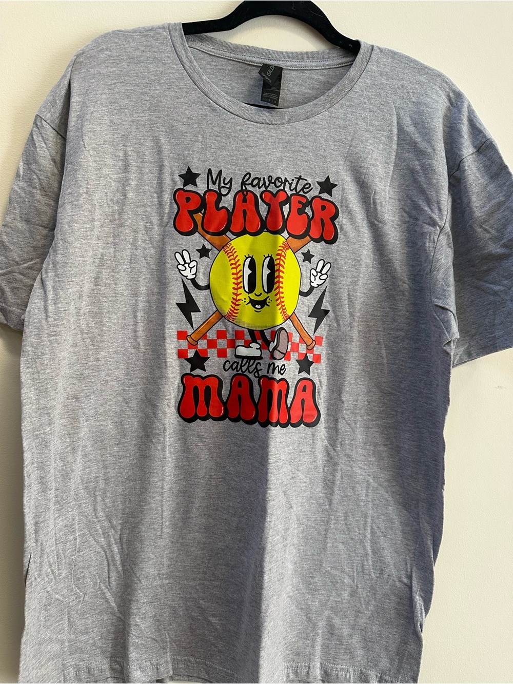 Soft Style Gray Short Sleeve Tee with Red & Yellow Softball Graphic